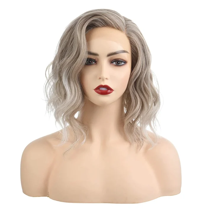 20 inch - Platinum Blonde Brown Ombre Short Wavy Hair Bob Wigs