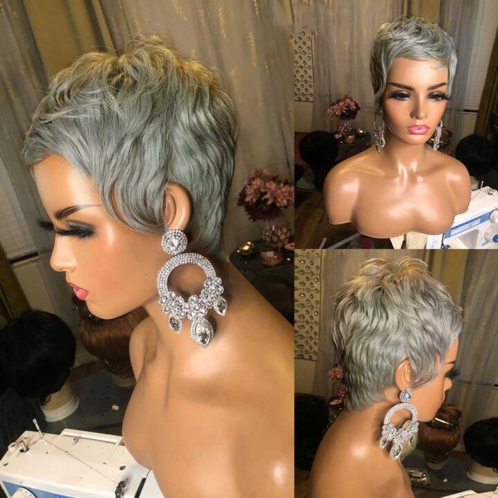 Grey Short Pixie Cut Bob - Hair Wigs For Women and Girls, Wavy Wigs, Glueless