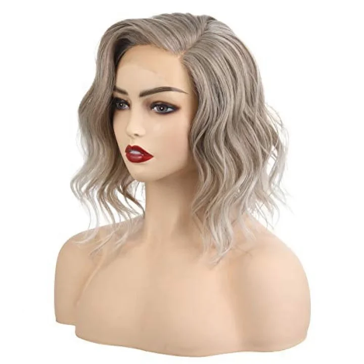 20 inch - Platinum Blonde Brown Ombre Short Wavy Hair Bob Wigs - Image 2