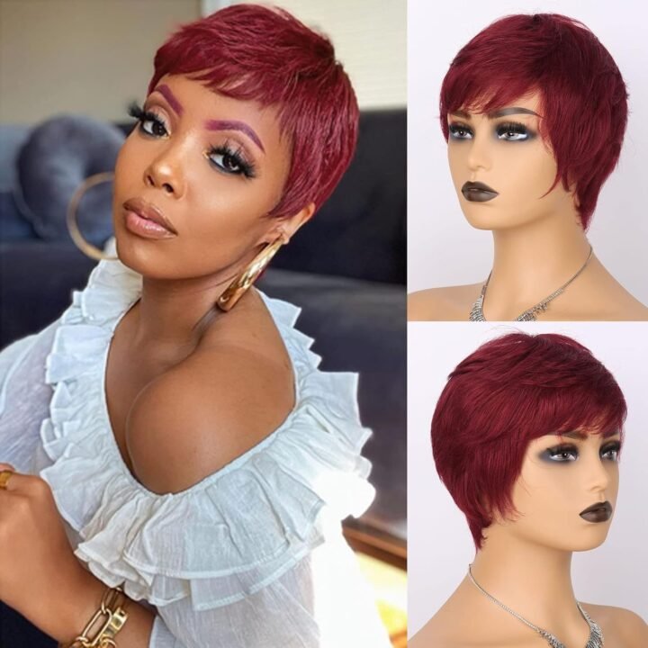 Pixie Cut Human Hair Wigs No Lace Soft Natural Hair - Burgundy Red