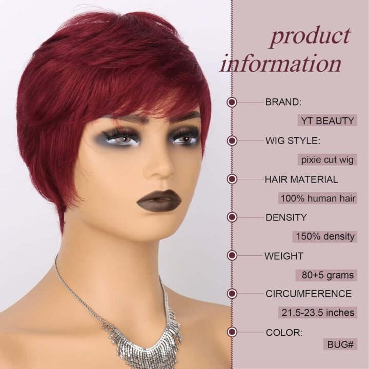 Pixie Cut Human Hair Wigs No Lace Soft Natural Hair - Burgundy Red - Image 3