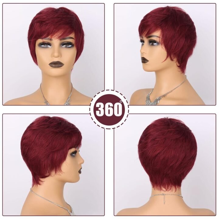 Pixie Cut Human Hair Wigs No Lace Soft Natural Hair - Burgundy Red - Image 2