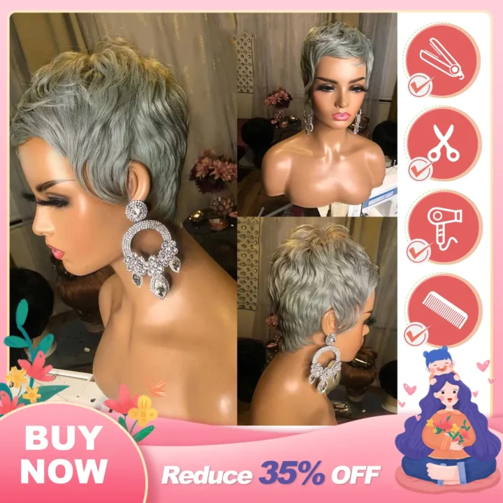 Grey Short Pixie Cut Bob - Hair Wigs For Women and Girls, Wavy Wigs, Glueless - Image 3