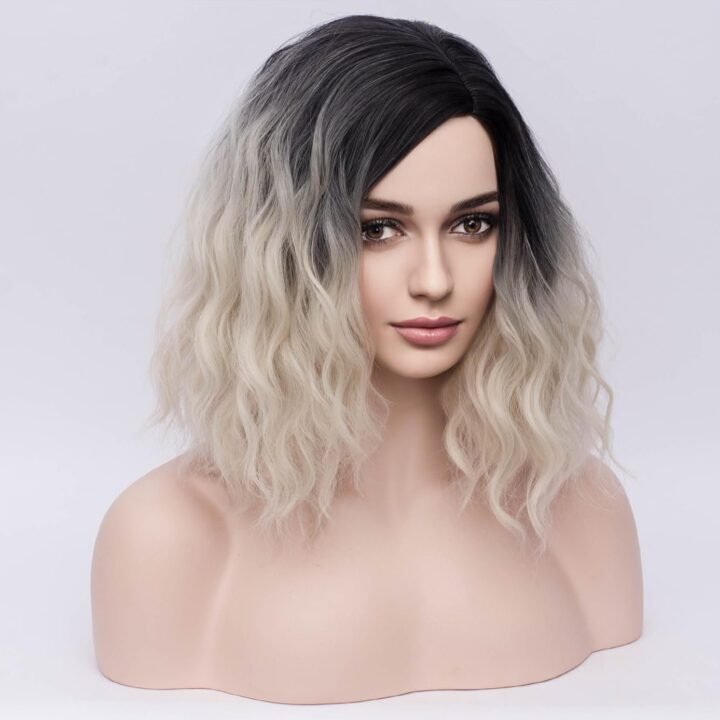 Ombre Wig for Women Girls Bob Wavy - Black Ombre Platinum - Image 3